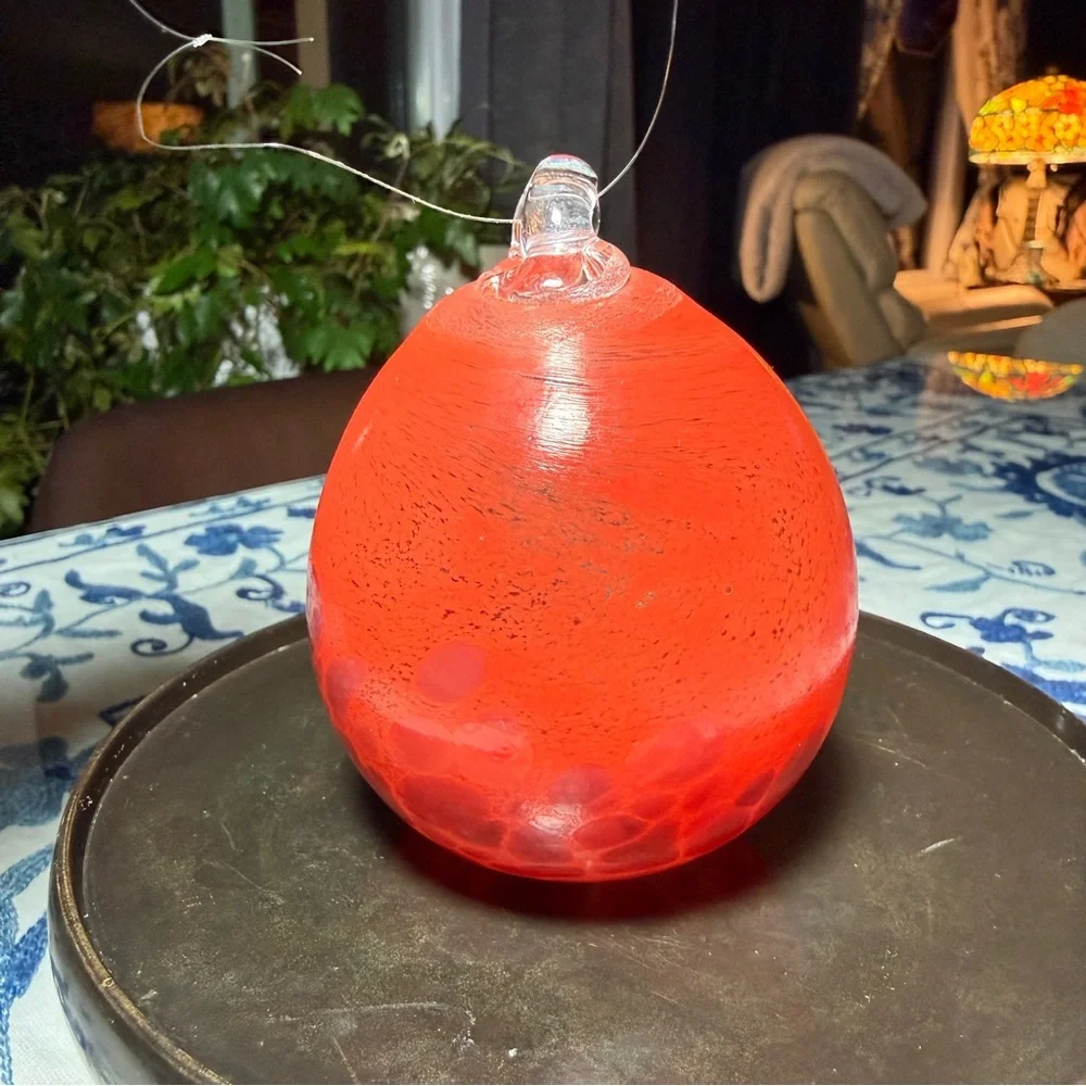 Hand Blown Art Glass Christmas Ornament Red Orange Swirl Speckled Ball Gift 9.5”